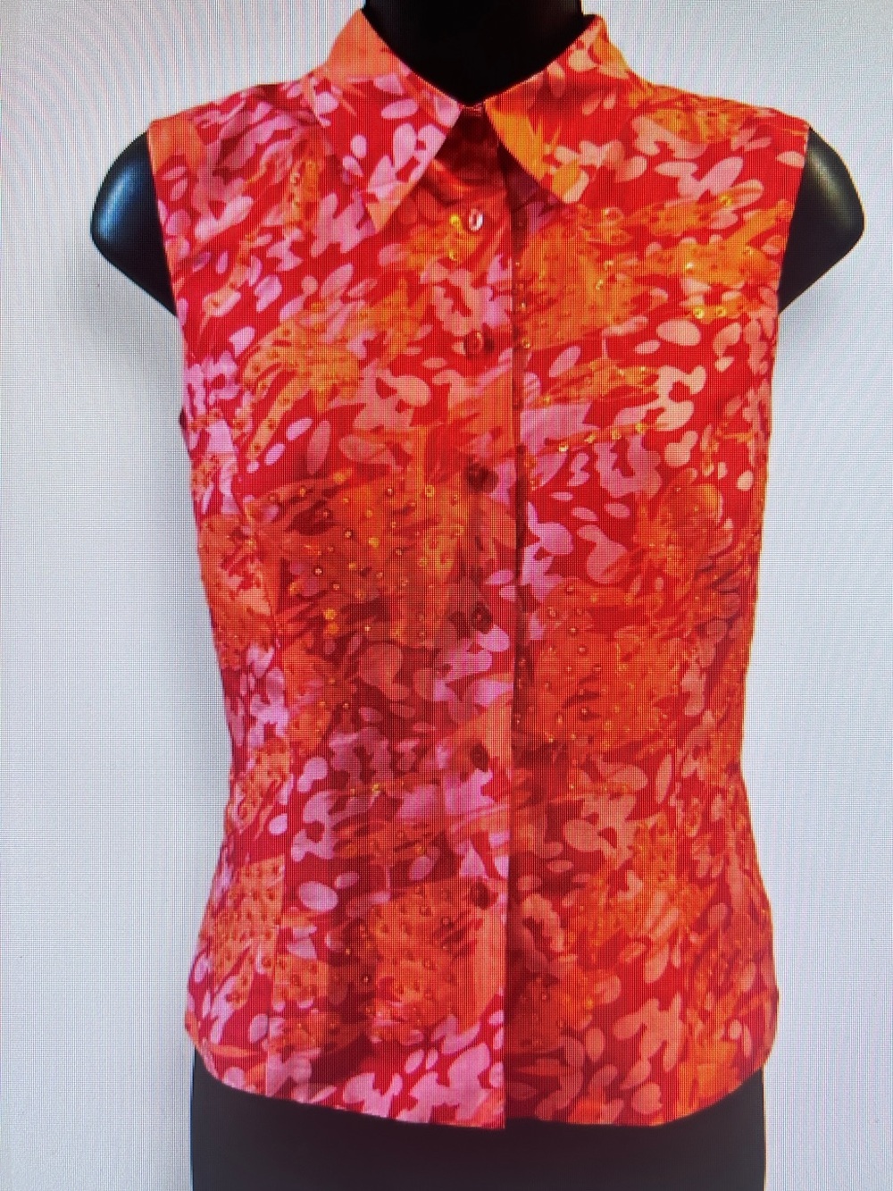 Ice Sleeveless Vintage Orange-Pink Silk Abstract Print Button Front Top. Size L.
